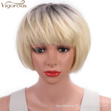 Vigorous Short Bob Hair Wigs 10" Straight with Flat Bangs Synthetic Ombre Blonde Mixed Colors Cosplay Daily Party Wig for Women